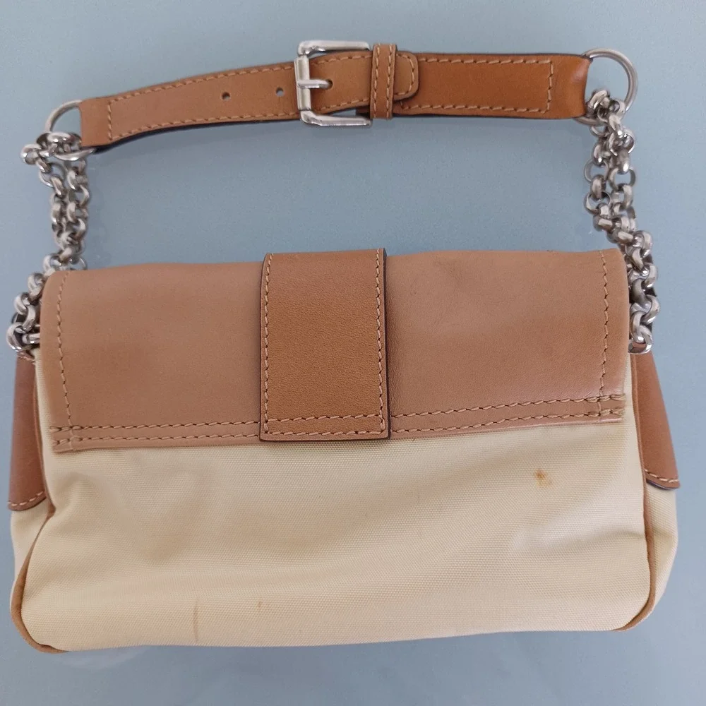 Bogner Tan Nylon Leather Buckle Baguette Shoulder‎ Bag Silver Chain Strap Y2K